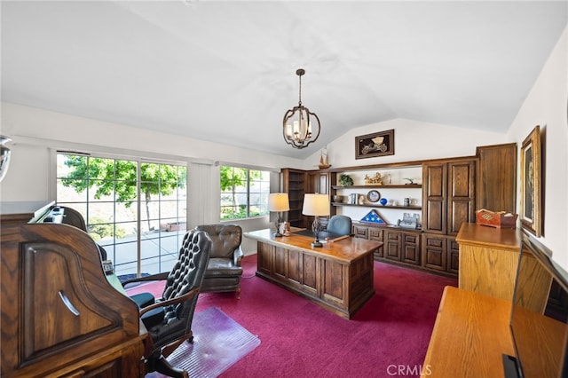 40115 Via Cordova, Temecula, CA 92592 - home office featuring vaulted ceiling, a chandelier, and dark colored carpet