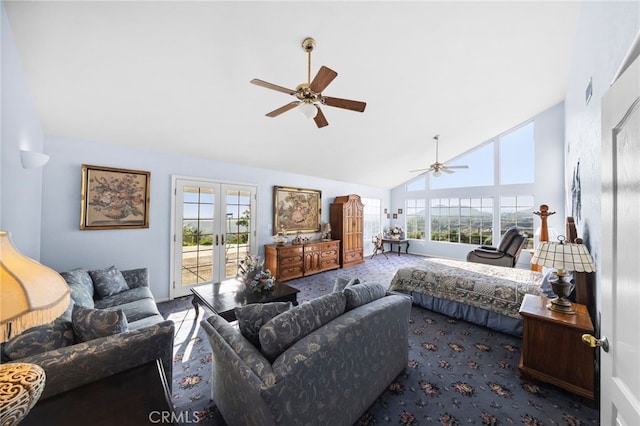 40115 Via Cordova, Temecula, CA 92592 - carpeted living area with ceiling fan, high vaulted ceiling, and french doors