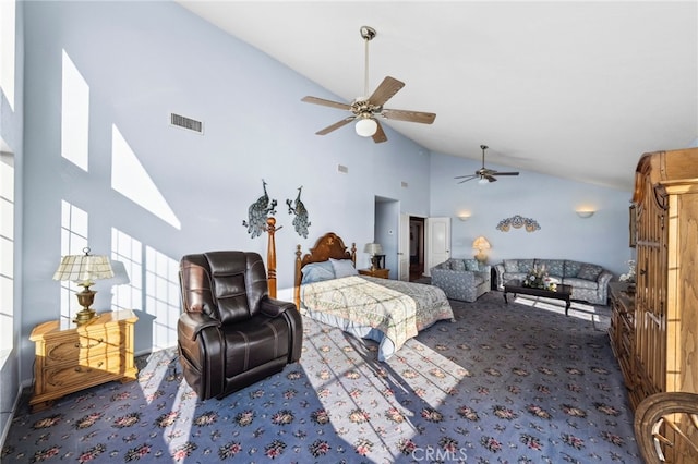 40115 Via Cordova, Temecula, CA 92592 - carpeted bedroom featuring high vaulted ceiling and a ceiling fan