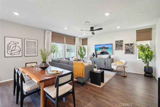 14180 Astra St, Moreno Valley, CA 92555 - dining room featuring ceiling fan, dark wood-style floors, and recessed lighting