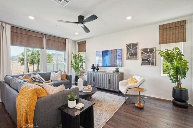 14180 Astra St, Moreno Valley, CA 92555 - living room featuring ceiling fan, dark wood-type flooring, and recessed lighting