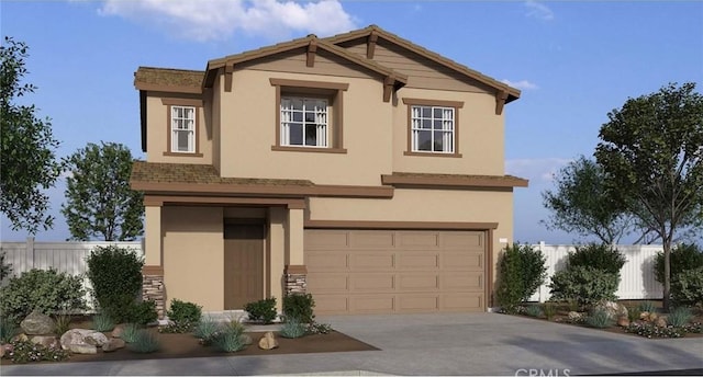 14180 Astra St, Moreno Valley, CA 92555 - view of front facade with a garage, stucco siding, concrete driveway, and stone siding