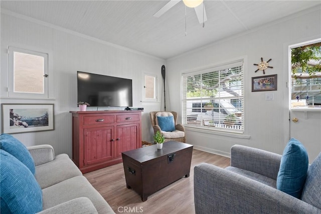 302 Sapphire Ave, Newport Beach, CA 92662 - living area featuring ceiling fan, light wood-style flooring, and crown molding