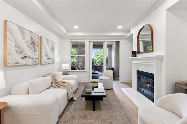 1800 Alma Ave Unit 106, Walnut Creek, CA 94596 - living area with wood finished floors, a glass covered fireplace, recessed lighting, crown molding, and a raised ceiling