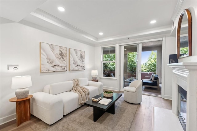 1800 Alma Ave Unit 106, Walnut Creek, CA 94596 - living room with wood finished floors, recessed lighting, a fireplace with flush hearth, and a tray ceiling