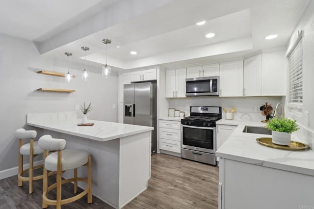 1204 E El Norte Pkwy, Escondido, CA 92027 - kitchen featuring stainless steel appliances, a raised ceiling, a peninsula, a kitchen bar, and white cabinetry
