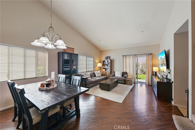 251 E Center St, Covina, CA 91723 - dining room featuring high vaulted ceiling, a chandelier, and dark wood finished floors