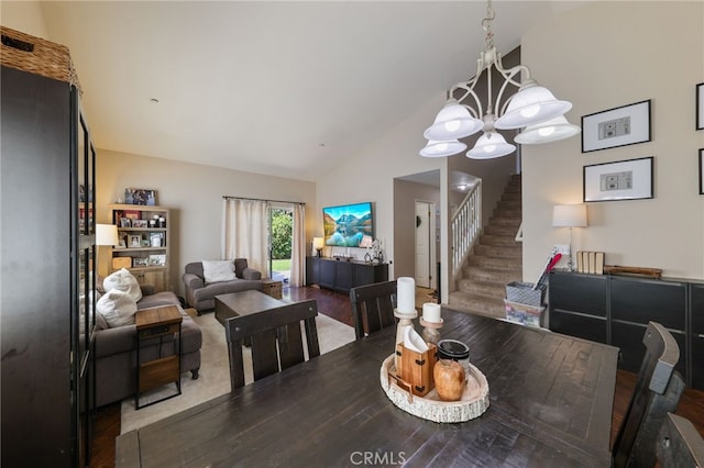 251 E Center St, Covina, CA 91723 - dining room with a chandelier, stairs, wood finished floors, and high vaulted ceiling
