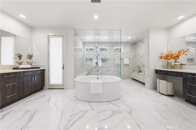 61 Dorado, Irvine, CA 92618 - full bath with vanity, recessed lighting, a freestanding bath, marble finish flooring, and a marble finish shower