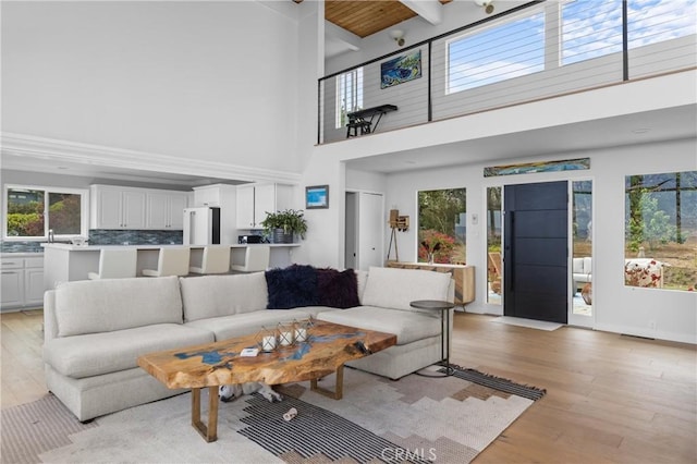 329 Travis Dr, Los Osos, CA 93402 - living room with high vaulted ceiling, light wood-type flooring, and beamed ceiling