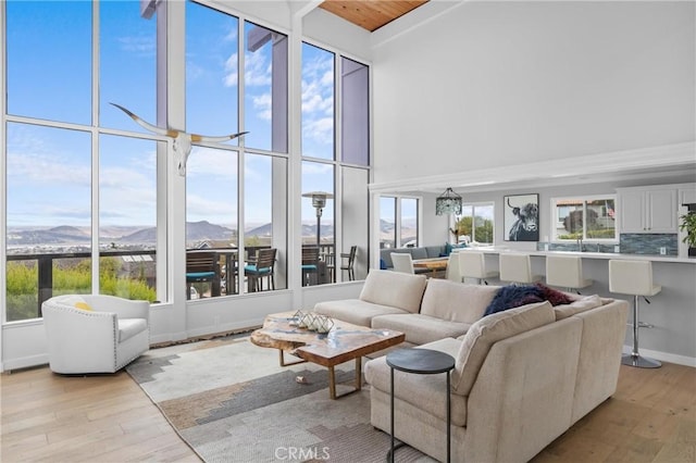 329 Travis Dr, Los Osos, CA 93402 - living area featuring a high ceiling, a mountain view, light wood-style flooring, and plenty of natural light
