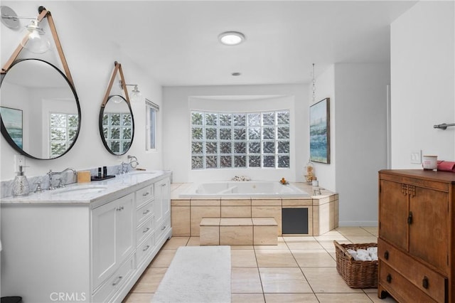 329 Travis Dr, Los Osos, CA 93402 - bathroom featuring double vanity, a bath, and tile patterned floors
