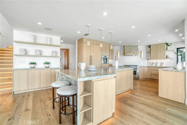 32075 Canterhill Pl, Westlake Village, CA 91361 - kitchen with open shelves, light brown cabinetry, modern cabinets, a spacious island, and recessed lighting