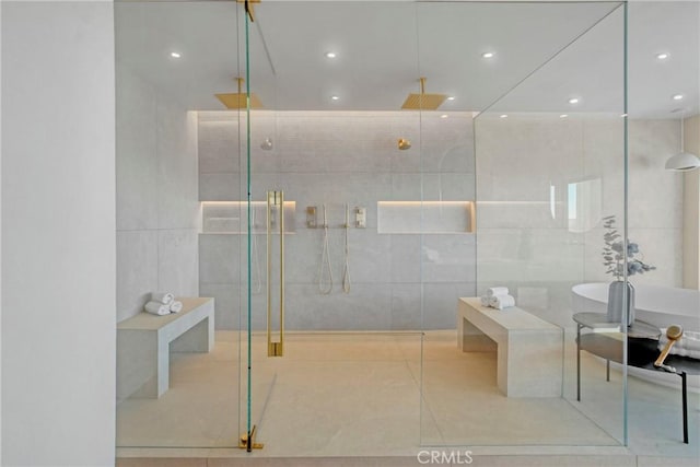 32075 Canterhill Pl, Westlake Village, CA 91361 - full bathroom with a shower stall, a soaking tub, recessed lighting, tile patterned flooring, and tile walls
