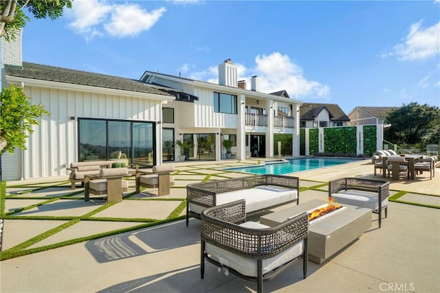 32075 Canterhill Pl, Westlake Village, CA 91361 - outdoor pool with an outdoor living space with a fire pit and a patio area