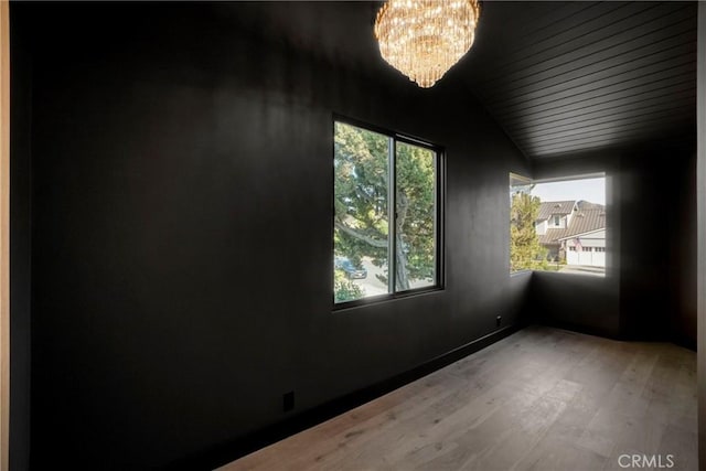 32075 Canterhill Pl, Westlake Village, CA 91361 - empty room featuring light wood-type flooring, a chandelier, vaulted ceiling, and wooden ceiling