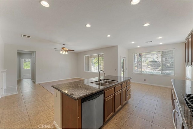 29184 Stone Ridge St, Menifee, CA 92584 - kitchen with stainless steel dishwasher, healthy amount of natural light, light tile patterned floors, a ceiling fan, and recessed lighting