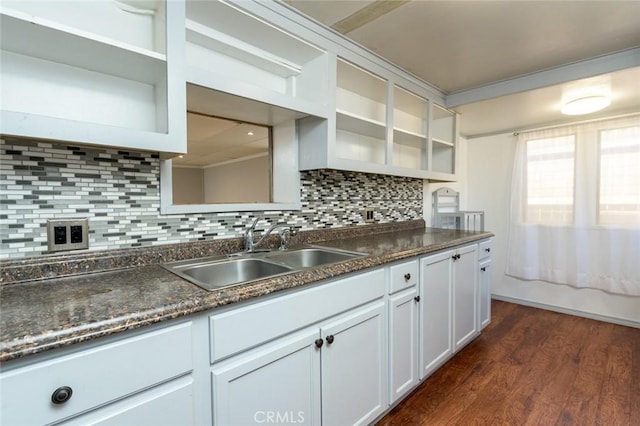 4608 Dyer St, La Crescenta, CA 91214 - kitchen with dark countertops, dark wood finished floors, decorative backsplash, open shelves, and white cabinetry