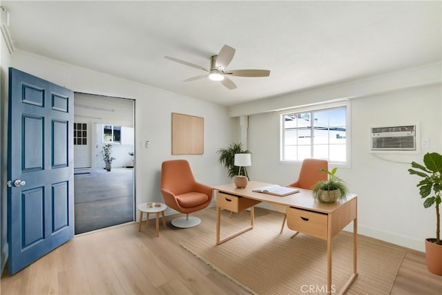 4561 Beverly Ct, Riverside, CA 92506 - office area featuring light wood-type flooring, ceiling fan, and an AC wall unit
