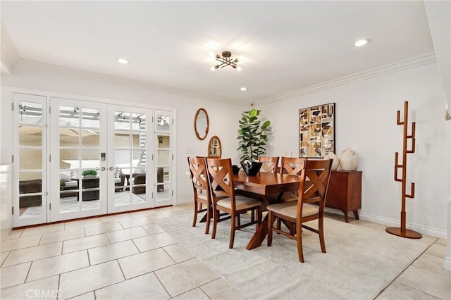 14 Black Oak, Irvine, CA 92604 - dining room featuring crown molding, light tile patterned floors, recessed lighting, and french doors