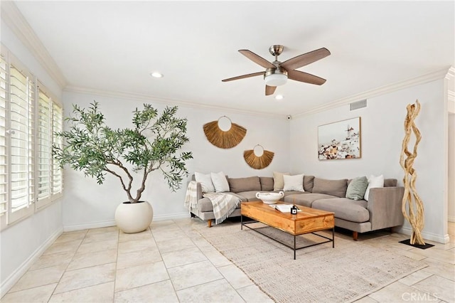 14 Black Oak, Irvine, CA 92604 - living room with healthy amount of natural light, a ceiling fan, crown molding, recessed lighting, and light tile patterned floors