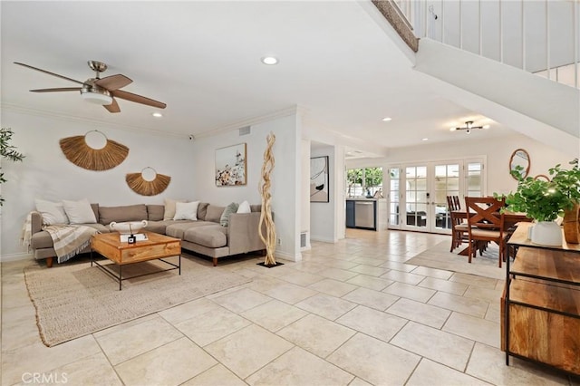14 Black Oak, Irvine, CA 92604 - living area with ornamental molding, recessed lighting, a ceiling fan, and light tile patterned floors