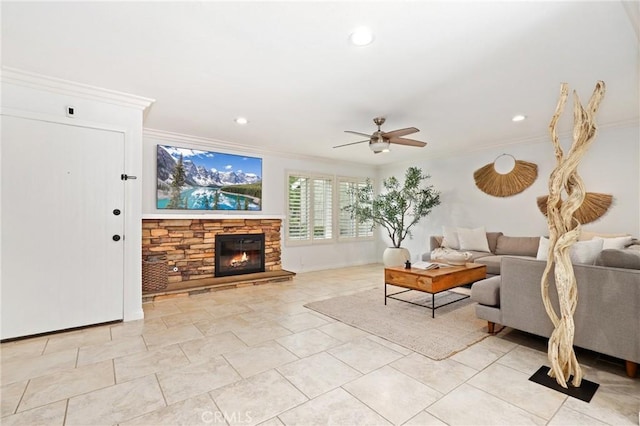 14 Black Oak, Irvine, CA 92604 - living area featuring crown molding, a ceiling fan, a fireplace, and recessed lighting
