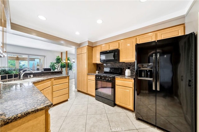 15 Vista Del Ponto Unit 70, San Clemente, CA 92672 - kitchen featuring black appliances, light brown cabinetry, backsplash, light tile patterned floors, and recessed lighting