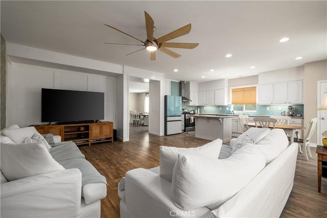 3455 Sugar Maple Ct, Hemet, CA 92545 - living area with a ceiling fan, dark wood finished floors, and recessed lighting