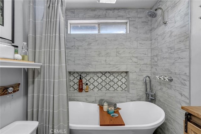 6320 Rancho Rio Rd, Paramount, CA 90723 - bathroom with a freestanding tub, a shower with shower curtain, and tile walls