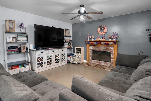 6320 Rancho Rio Rd, Paramount, CA 90723 - living area with a ceiling fan and a brick fireplace