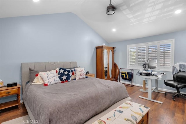6320 Rancho Rio Rd, Paramount, CA 90723 - bedroom with lofted ceiling, wood finished floors, and recessed lighting