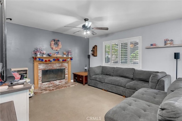 6320 Rancho Rio Rd, Paramount, CA 90723 - carpeted living area featuring a ceiling fan and a fireplace