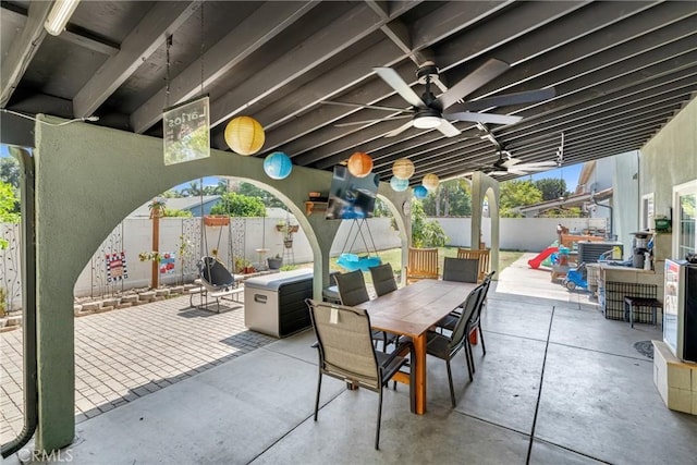 6320 Rancho Rio Rd, Paramount, CA 90723 - fenced backyard featuring outdoor dining area, a patio area, and a ceiling fan