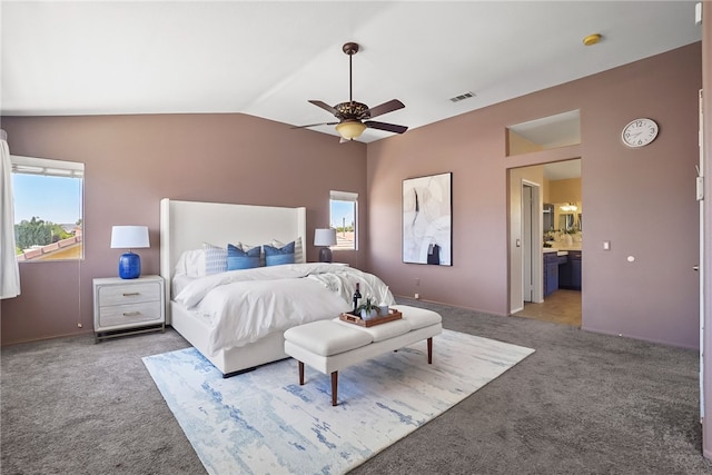 35887 Rhone Ln, Winchester, CA 92596 - bedroom with carpet flooring, lofted ceiling, a ceiling fan, and connected bathroom