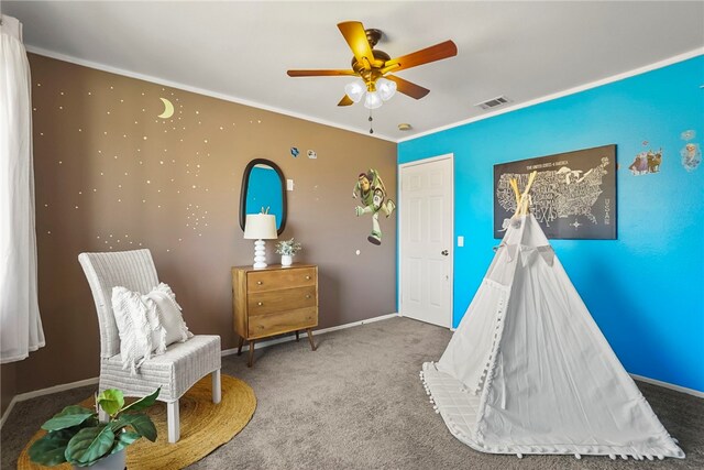 35887 Rhone Ln, Winchester, CA 92596 - rec room featuring a ceiling fan, carpet flooring, and crown molding