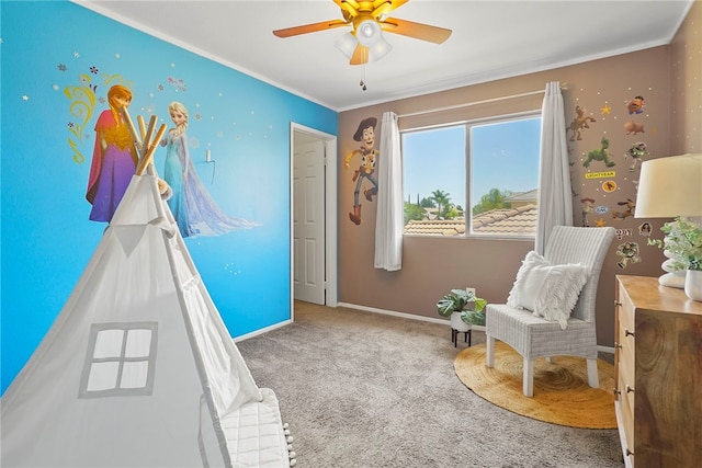35887 Rhone Ln, Winchester, CA 92596 - living area with carpet floors, a ceiling fan, and crown molding