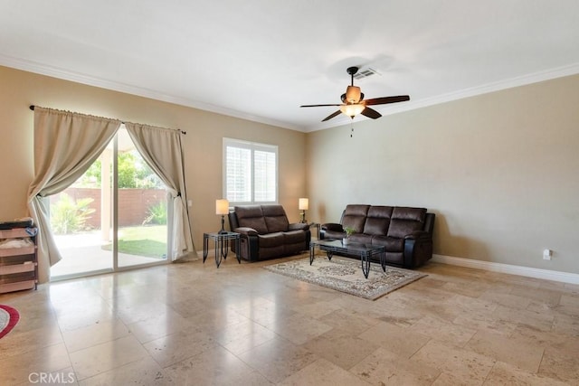 34214 Pinehurst Dr, Yucaipa, CA 92399 - living room with ornamental molding, ceiling fan, and stone finish flooring