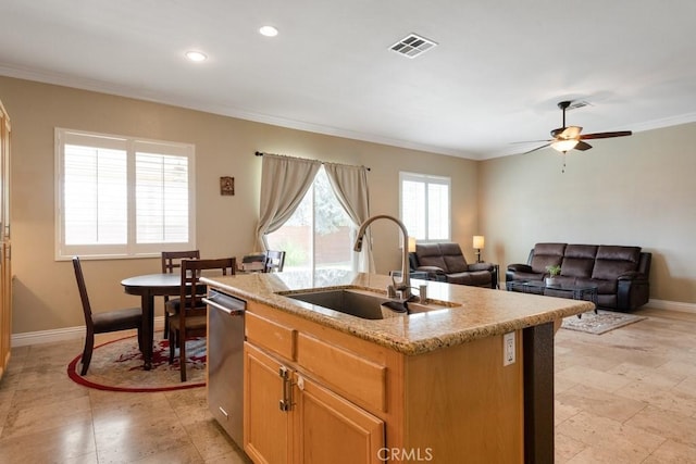 34214 Pinehurst Dr, Yucaipa, CA 92399 - kitchen featuring stainless steel dishwasher, crown molding, a ceiling fan, a kitchen island with sink, and recessed lighting