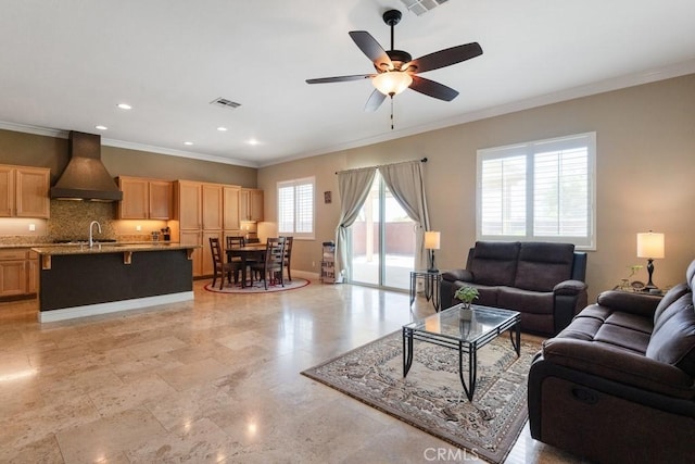 34214 Pinehurst Dr, Yucaipa, CA 92399 - living room featuring crown molding, a ceiling fan, and recessed lighting