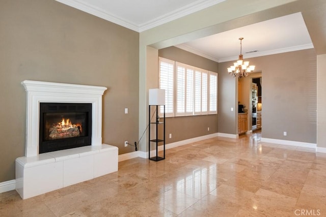 34214 Pinehurst Dr, Yucaipa, CA 92399 - unfurnished living room with crown molding, a glass covered fireplace, a chandelier, and light marble finish floors