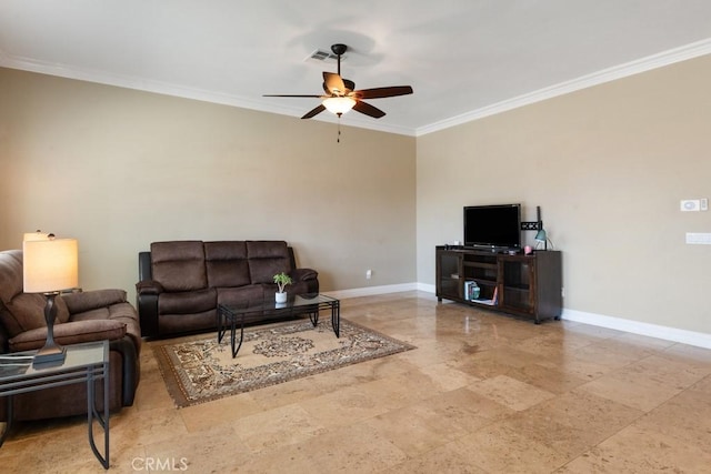 34214 Pinehurst Dr, Yucaipa, CA 92399 - living room with crown molding and a ceiling fan