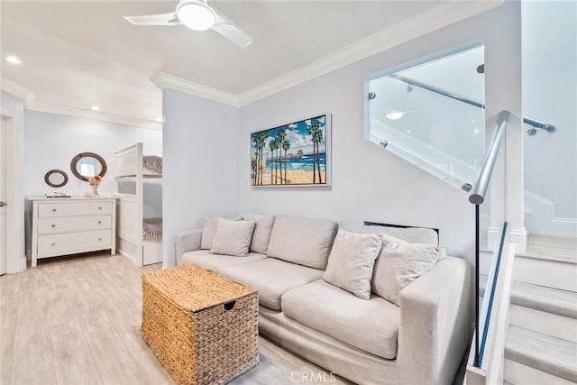 711 Pacific Coast Unit 308, Huntington Beach, CA 92648 - living room featuring crown molding, wood finished floors, ceiling fan, and recessed lighting