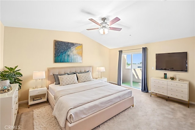 2802 Green River Rd Unit 101, Corona, CA 92882 - bedroom with access to exterior, vaulted ceiling, light carpet, and a ceiling fan