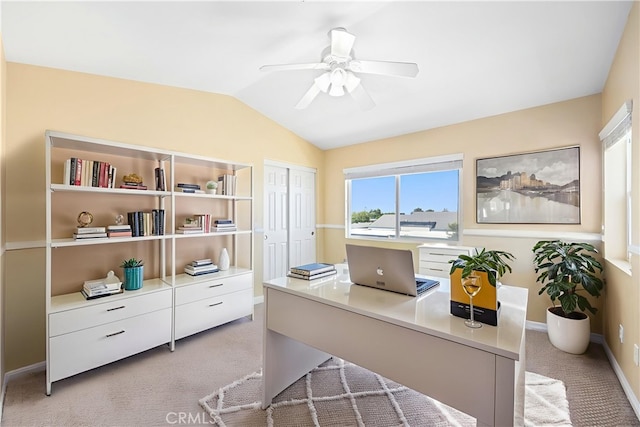 2802 Green River Rd Unit 101, Corona, CA 92882 - home office with a ceiling fan, light carpet, and vaulted ceiling