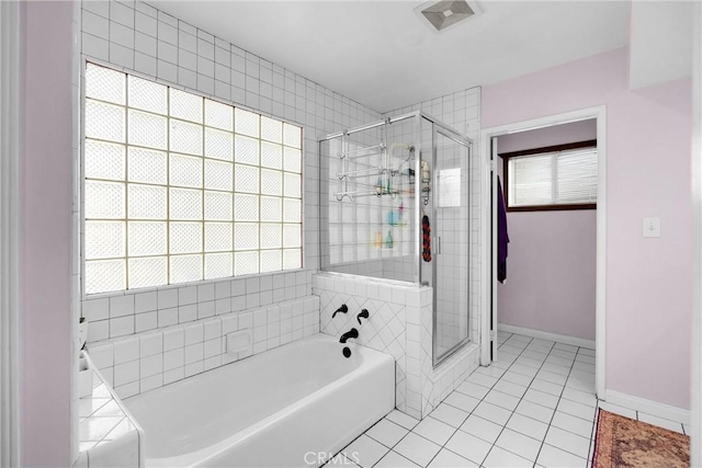1320 Carob Way, Montebello, CA 90640 - bathroom featuring a garden tub, a stall shower, and tile patterned flooring