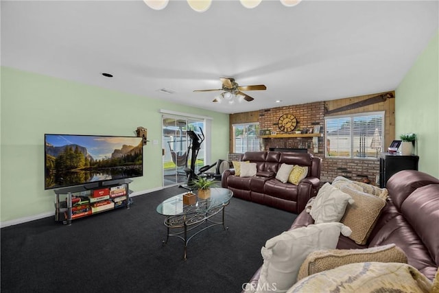 1320 Carob Way, Montebello, CA 90640 - carpeted living area with plenty of natural light, ceiling fan, and a brick fireplace