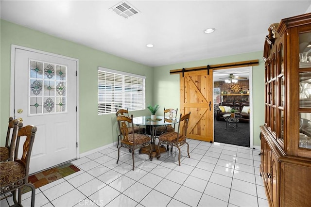 1320 Carob Way, Montebello, CA 90640 - dining room featuring a barn door, light tile patterned floors, recessed lighting, and ceiling fan