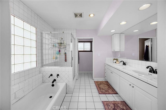 1320 Carob Way, Montebello, CA 90640 - full bathroom with a shower stall, double vanity, a bath, tile patterned floors, and recessed lighting