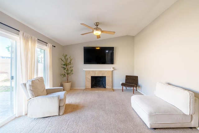 2133 Manchester Ave, Escondido, CA 92027 - carpeted living room with a fireplace, lofted ceiling, and ceiling fan